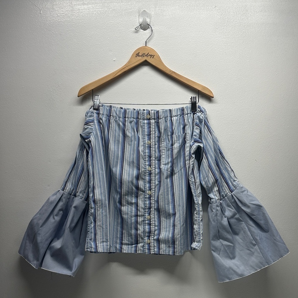 KMJ Kate McHale Jensen Off The Shoulder Top Blouse Cotton Striped Blue Small